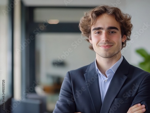 A person standing with their arms crossed, wearing a suit