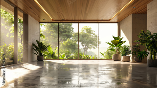 Obraz na płótnie Modern contemporary empty hall nature render overlooking living room behind concrete floors w salonie