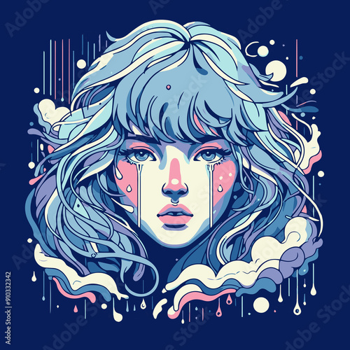 Digital illustration of a serene woman with intricate floral patterns in her hair, cool blue palette, artistic vibe.