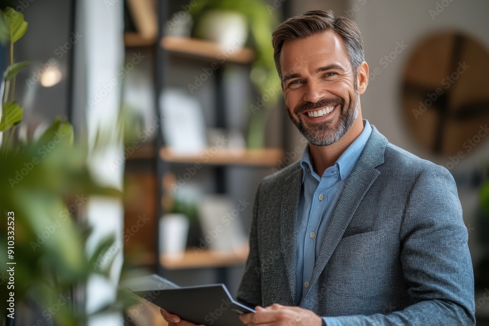 Fototapeta premium Confident Male Real Estate Agent Presenting Property with a Smile