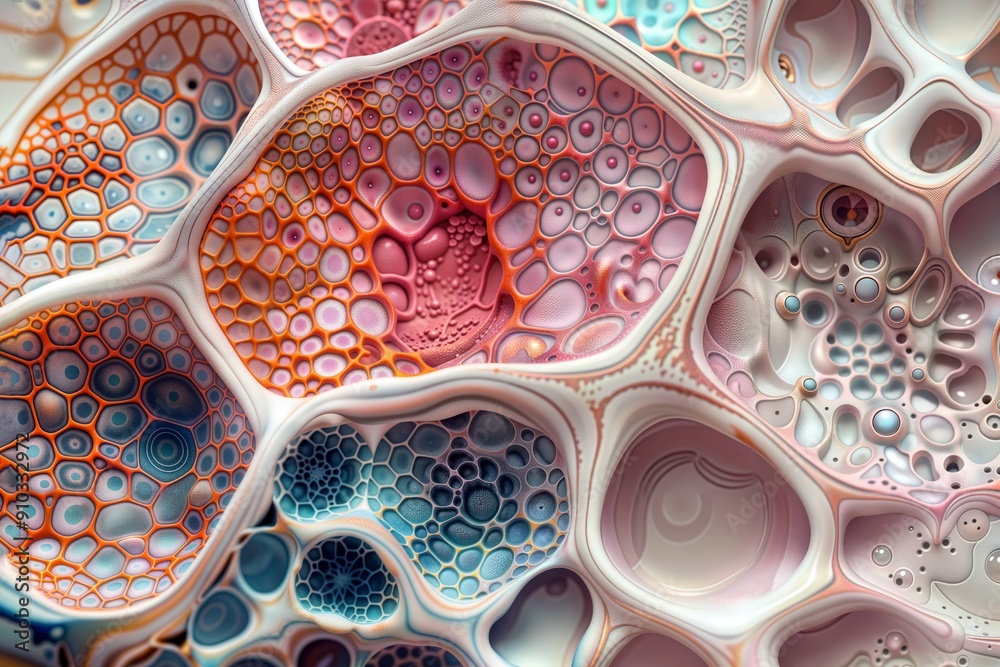 Cellular Symphony. Abstract representation of interconnected cell-like structures with diverse textures and patterns in pink, blue, and white. Cellular Symphony. Abstract representation of interconnected cell-like structures with diverse textures and patterns in pink, blue, and white.