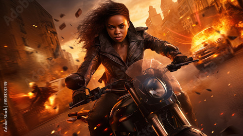 Action shot with black woman on the bike riding away from fire and explosion. Dynamic scene in action movie blockbuster style.