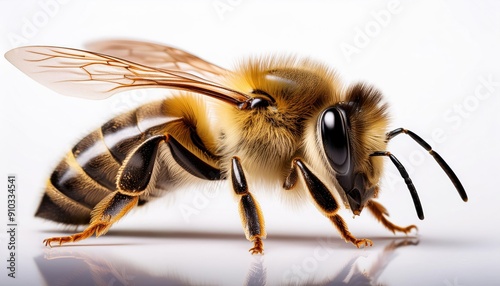 Close-up of a honey bee with detailed wings and body on a white background, showcasing the intricacies of nature and insect beauty. photo