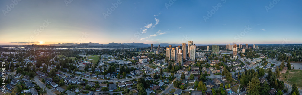 Aerial Panoramic City view at sunny sunset. Surrey, Vancouver, BC, Canada Aerial Panoramic City view at sunny sunset. Surrey, Vancouver, BC, Canada