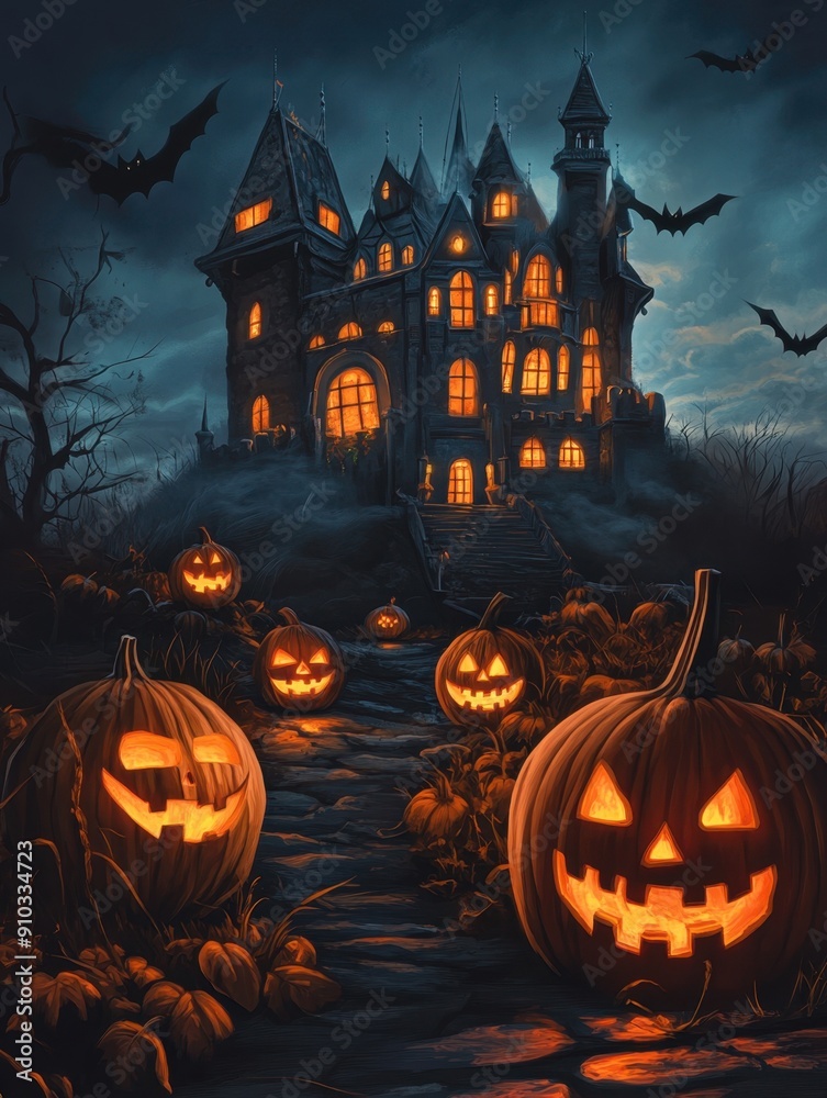 Two illuminated pumpkin faces sit outside a medieval-style castle, perfect for Halloween or autumn-themed illustrations Two illuminated pumpkin faces sit outside a medieval-style castle, perfect for Halloween or autumn-themed illustrations