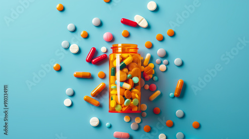 Top View of Orange Pill Bottle with Colorful Pills