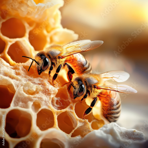 Close-up of two bees working on honeycomb in warm sunlight, highlighting their intricate details and natural beauty.