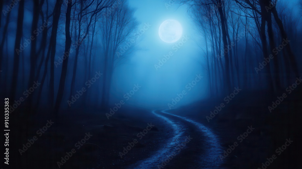 Fototapeta premium A mysterious pathway winds through an eerie blue forest under the glow of a full moon, creating an enchanting atmosphere.