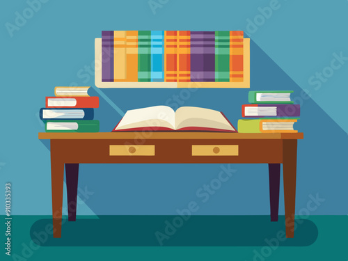 Open book on a desk with stacks of books in a study room