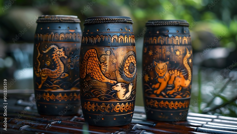 a group of jars with designs on them
a group of jars with designs on them