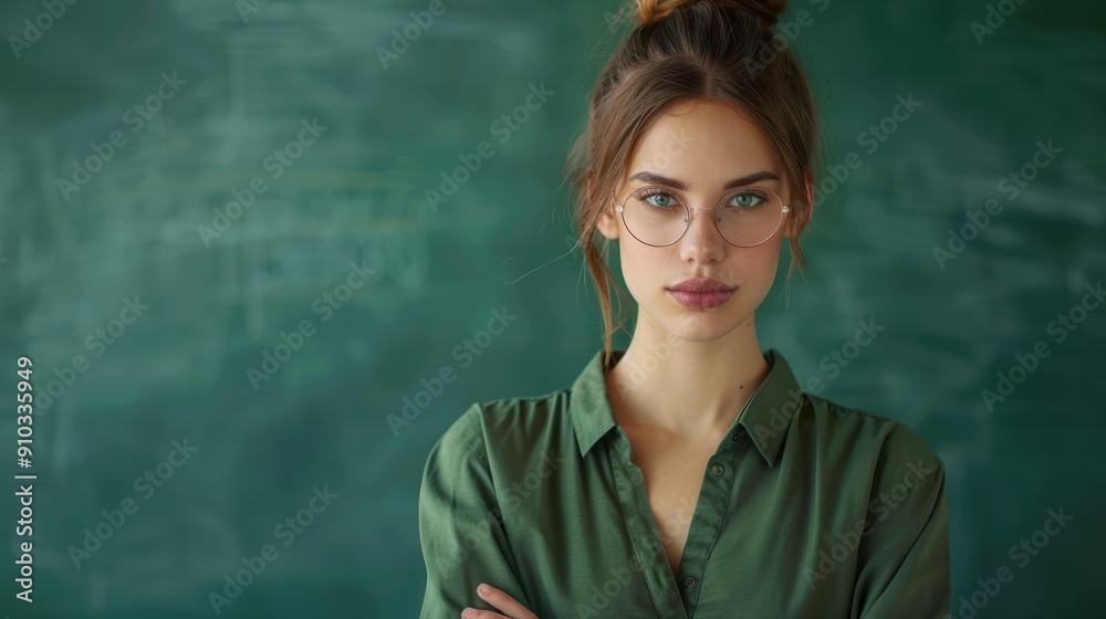 A portrait of a beautiful young female school teacher standing in the classroom on green chalkboard background A portrait of a beautiful young female school teacher standing in the classroom on green chalkboard background