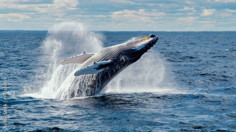 Fototapeta premium Humpback Whale Breaching in Blue Ocean.