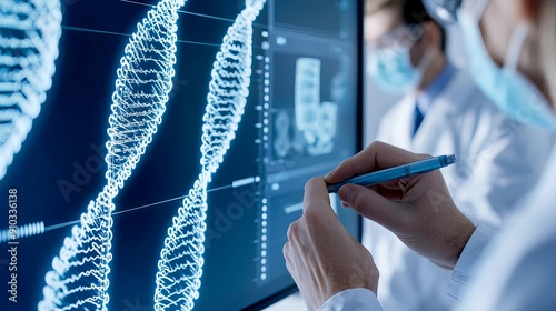 Group of researchers reviewing genetic study findings, patient data graphs on a large screen photo