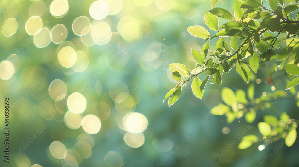 close up horizontal image of small tree branch with green leaves and blurred bokeh background, copy space close up horizontal image of small tree branch with green leaves and blurred bokeh background, copy space