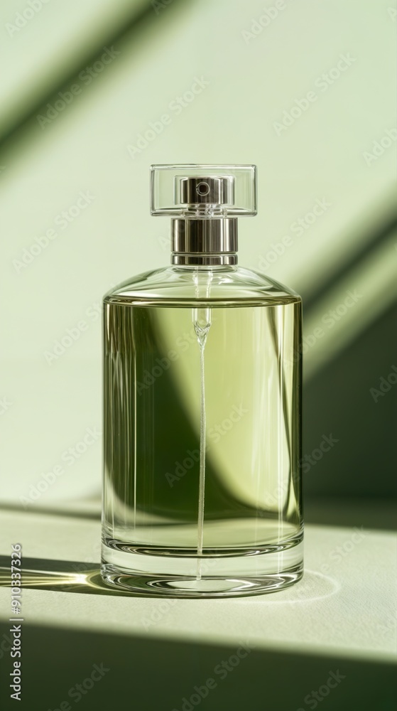 commercial photography, a glass bottle of luxury room spray, forest aroma, on muted pastel olive green color background. Sunlight commercial photography, a glass bottle of luxury room spray, forest aroma, on muted pastel olive green color background. Sunlight