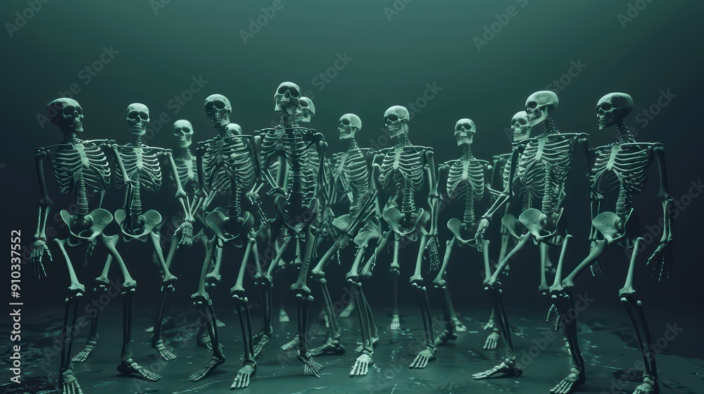 custom made wallpaper toronto digitalA creepy, Halloween-themed wallpaper depicting skeletons in various spooky poses against a dark, moody background