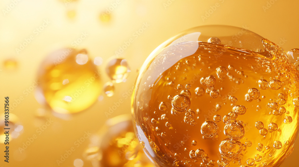 Close-up of golden liquid bubbles in fluid medium, detailed and abstract composition with spherical shapes and luxurious golden hue Close-up of golden liquid bubbles in fluid medium, detailed and abstract composition with spherical shapes and luxurious golden hue