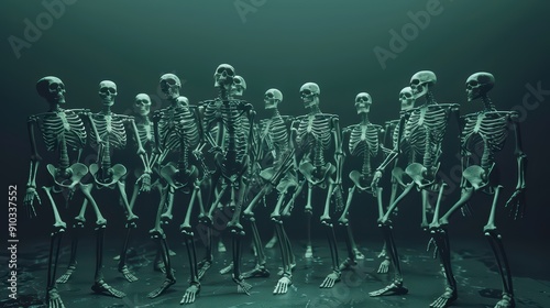 Wallpaper Mural A creepy, Halloween-themed wallpaper depicting skeletons in various spooky poses against a dark, moody background Torontodigital.ca