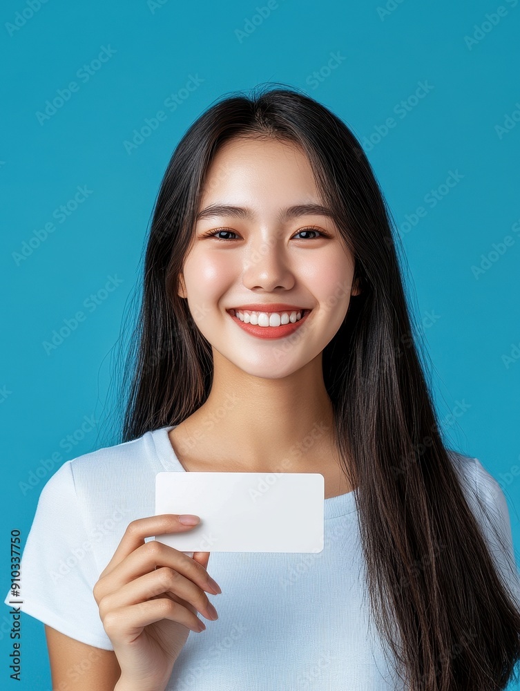 Smiling Asian Woman Holding White Card with Travel Concept on Blue Background Smiling Asian Woman Holding White Card with Travel Concept on Blue Background