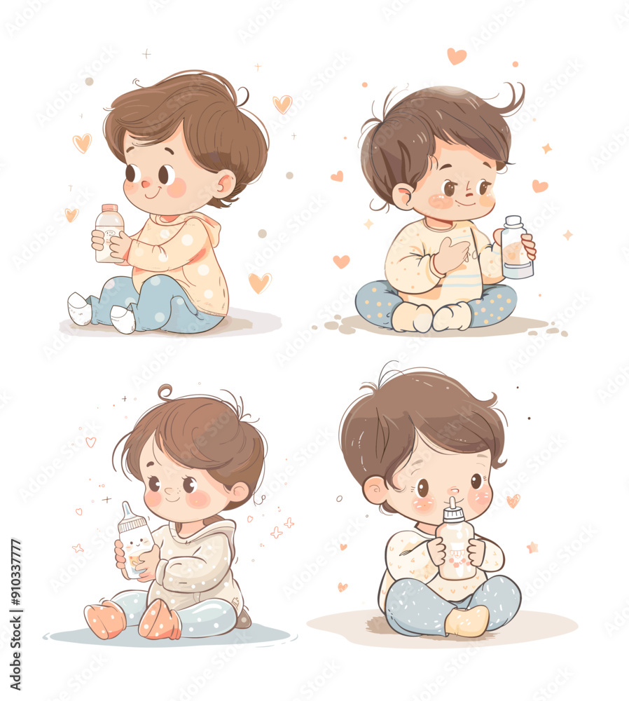 Little boy grabbing milk bottle cartoon vector illustrations. Seated infant child brunette hugs hold branches foliage playthings garment mixture consuming baby sustenance innocence isolated artwork Little boy grabbing milk bottle cartoon vector illustrations. Seated infant child brunette hugs hold branches foliage playthings garment mixture consuming baby sustenance innocence isolated artwork