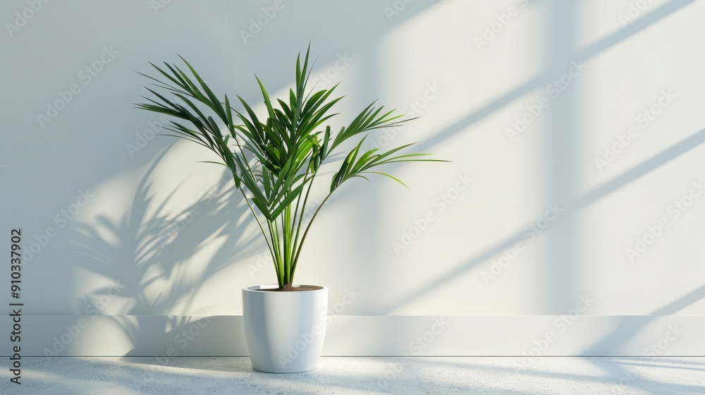 Minimalist indoor plant in white pot with natural light casting long shadows on a wall, providing a serene and modern aesthetic to any space.
