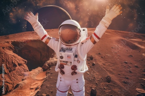 Happy cosmonaut on Mars One man, astronaut exploring the land on the other planet alone, feeling happy with hands raised photo