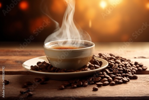 a cup of warm coffee in a glass and decorated with coffee beans on the concept of world coffee day with generative ai