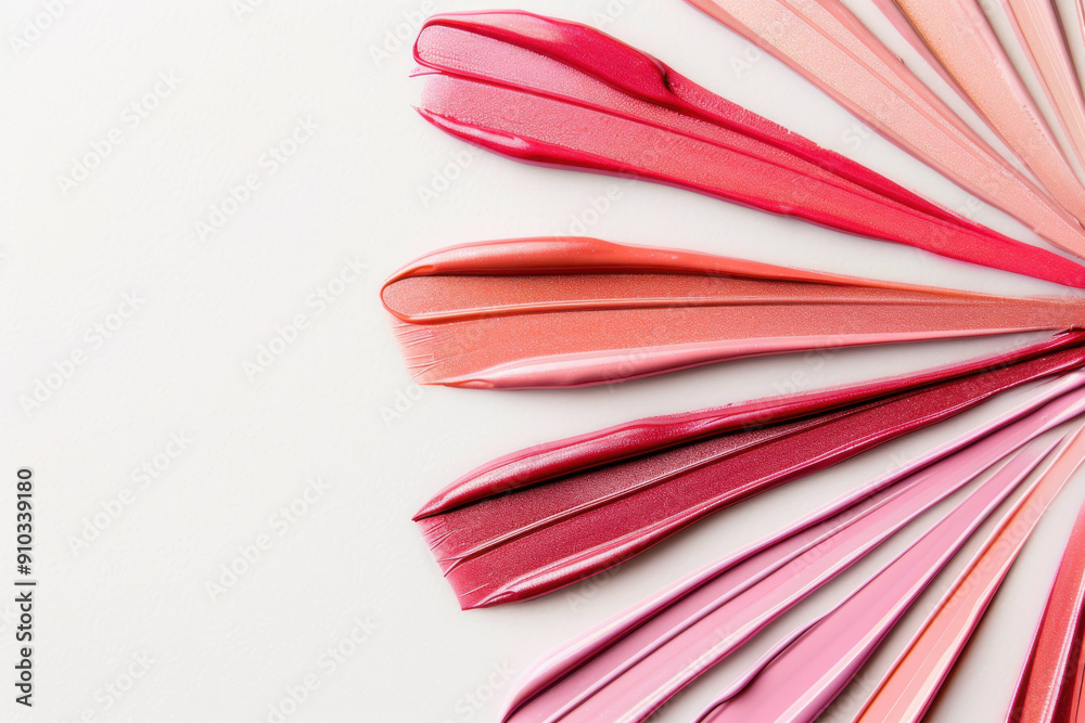 Circular pattern of gloss lipstick swatches on a white background