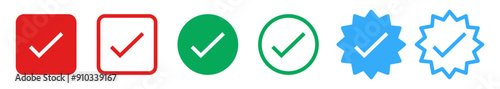 Verified badge icon tick symbol vector approved check mark icon. Red checkmark icons. Green checkmark icons. Blue checkmark icons.