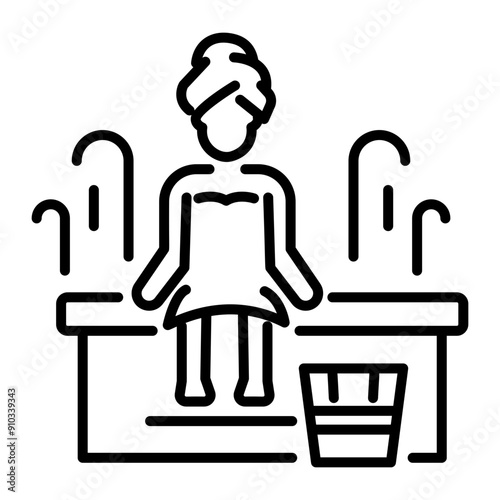 An outline icon of woman sitting in steam room 