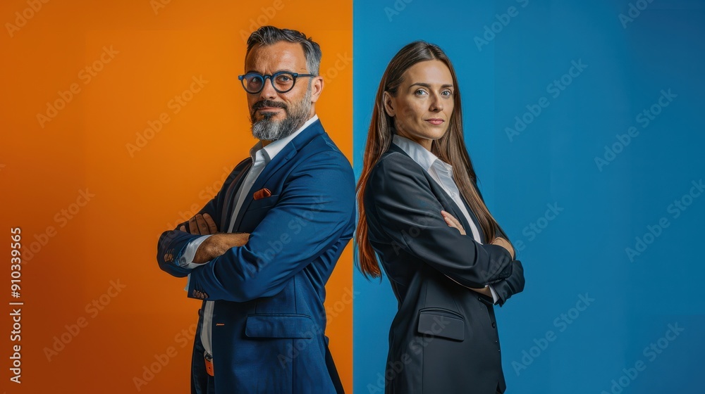 Portrait of two business professionals, a man and a woman, standing back to back with arms crossed against a split orange and blue background, representing professionalism. Portrait of two business professionals, a man and a woman, standing back to back with arms crossed against a split orange and blue background, representing professionalism.