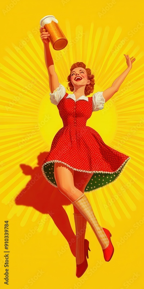 A spirited Bavarian woman in a swirling dirndl, dancing with a beer mug in hand, with a dance floor background, in a cartoon style. A spirited Bavarian woman in a swirling dirndl, dancing with a beer mug in hand, with a dance floor background, in a cartoon style.