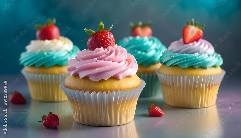 Three cupcakes with different colored frosting - pink, white, and yellow. The cupcakes are topped with fresh strawberries Three cupcakes with different colored frosting - pink, white, and yellow. The cupcakes are topped with fresh strawberries