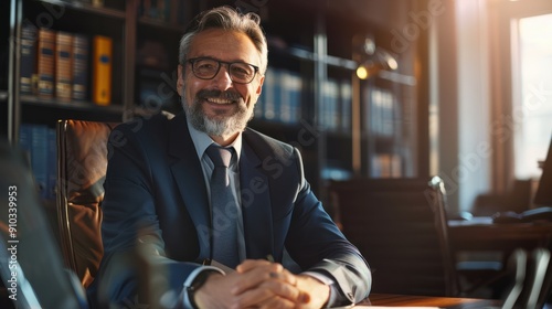 Smiling mature business man of middle age, confident entrepreneur or bank manager, 50 years old executive, mid aged businessman investor trader, male lawyer sitting at work desk, Generative AI.