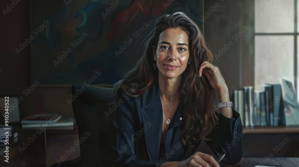 Fototapeta premium Tranquil businesswoman in a portrait, sitting in her office with a serene smile, a balance of work and well-being