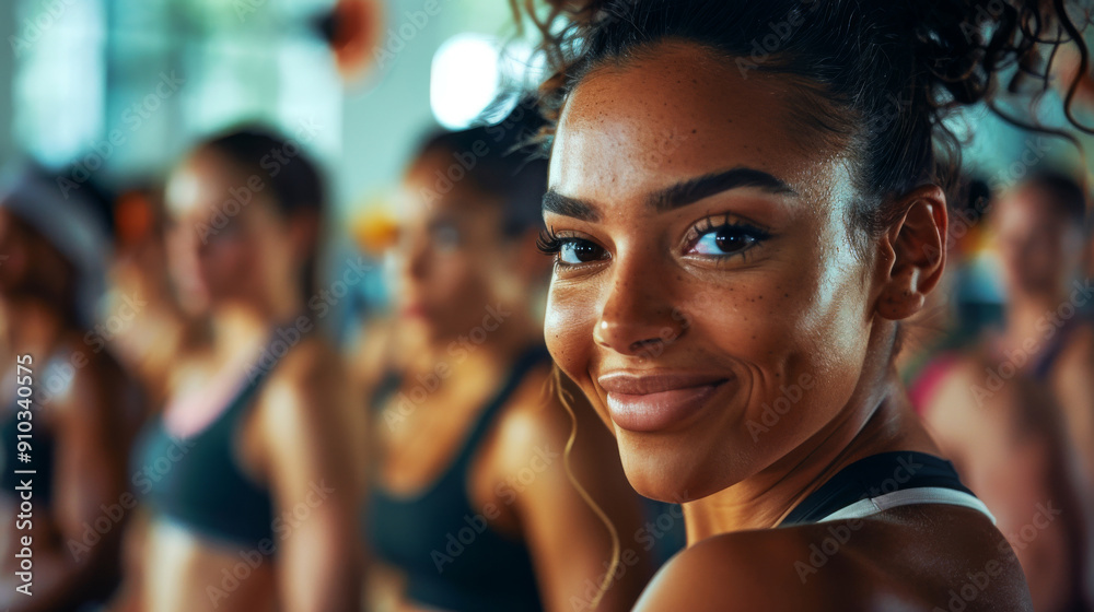 Close-up of a smiling woman in a fitness class with blurred participants in the background, capturing a lively and positive atmosphere. Close-up of a smiling woman in a fitness class with blurred participants in the background, capturing a lively and positive atmosphere.