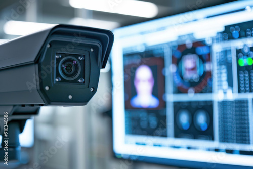 Close-up of a surveillance camera monitoring with a computer screen showing face recognition software in the background.