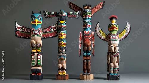 Traditional Native American totem pole with carvings, vibrant colors and cultural significance, historical and spiritual