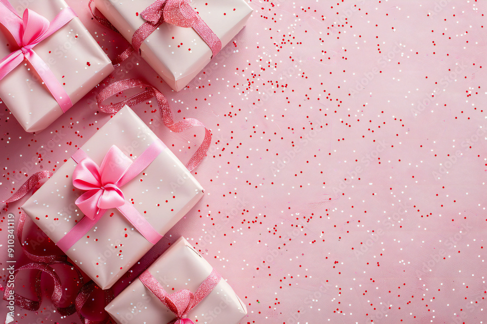 Elegant Pink Gift Boxes with Polka Dot Wrapping and Ribbons: Stylish Holiday and Birthday Presents Copyspace