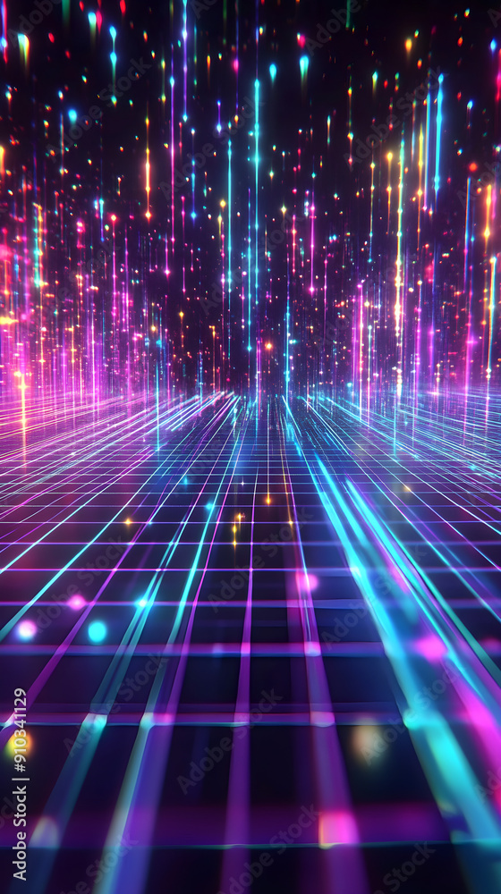 Colorful vibrant lights create a digital landscape filled with glowing particles and a grid pattern that evokes a sense of energy and motion Colorful vibrant lights create a digital landscape filled with glowing particles and a grid pattern that evokes a sense of energy and motion