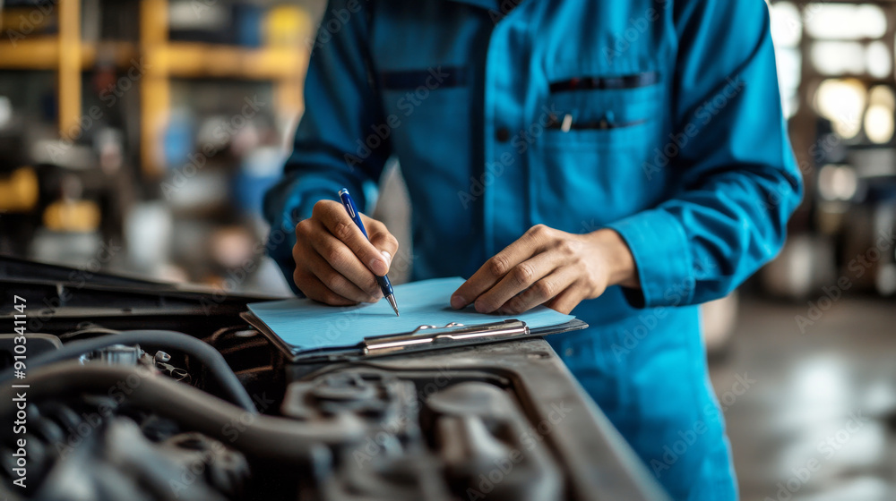 Mechanic's Precision: A close-up view of a mechanic's hands diligently recording details on a clipboard, showcasing their expertise and meticulous approach to vehicle maintenance. Mechanic's Precision: A close-up view of a mechanic's hands diligently recording details on a clipboard, showcasing their expertise and meticulous approach to vehicle maintenance.