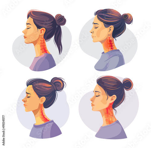 Neck women issues cartoon vector concepts. Head discomfort skeletal framework anatomical side view avatar muscles cervical vertebrae medical stance health human structure ailment isolated