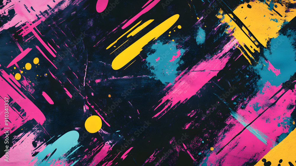 Naklejka premium Vibrant abstract background with dynamic brush strokes and splashes of pink, yellow, and blue on a dark canvas evoking creativity and energy