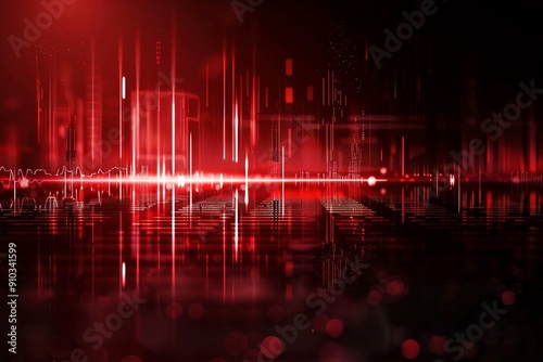 A vibrant red background featuring sound frequency meters with dot levels and chevrons