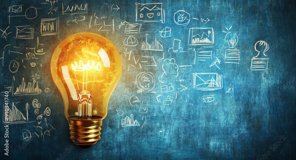 Illuminating Innovation: A glowing light bulb against a blue chalkboard with business strategy icons, symbolizing the birth of a brilliant idea and strategic thinking. 