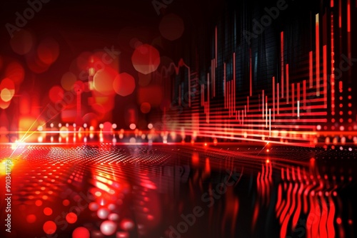 A vibrant red background featuring sound frequency meters with dot levels and chevrons