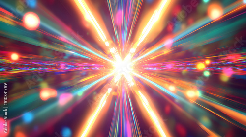 Brilliant beams of light radiate outward from a central explosion, creating a vibrant, colorful vortex filled with glowing particles and dynamic energy