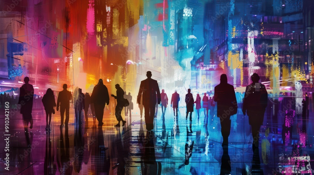 Abstract colorful cityscape with silhouettes of people walking Abstract colorful cityscape with silhouettes of people walking