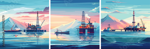 Petroleum platform supply ocean support ships cartoon vector concepts. Vessel rig drill crane gulls aqua sky clouds offshore sea sector deep power gear construction illustrations