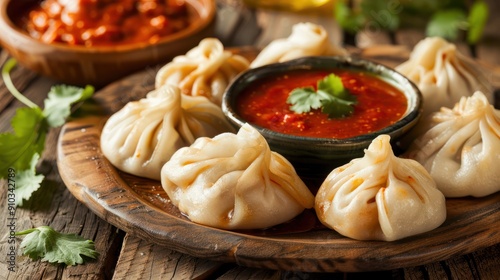 Closeup of neapli food momos with red hot sauce on wooden background. photo